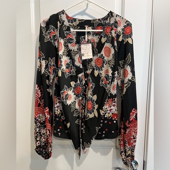 Free People Black and Red Floral Top Size S - Picture 2 of 5